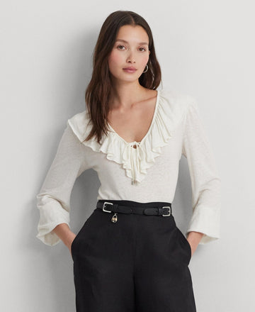 Lauren Ralph Lauren Women's Ruffled Blouson-Sleeve Top Ivory Size L MSRP $115