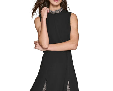 KARL LAGERFELD PARIS Women Rhinestone-Trim Pleated Dress Black Size 12 MSRP $159