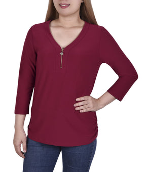 NY Collection Long Sleeve Crepe Knit V Neck Top With Zipper