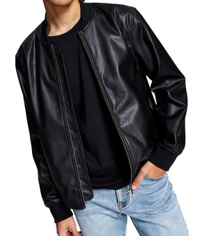 And Now This Mens Faux Leather Short Bomber Jacket Black Size L