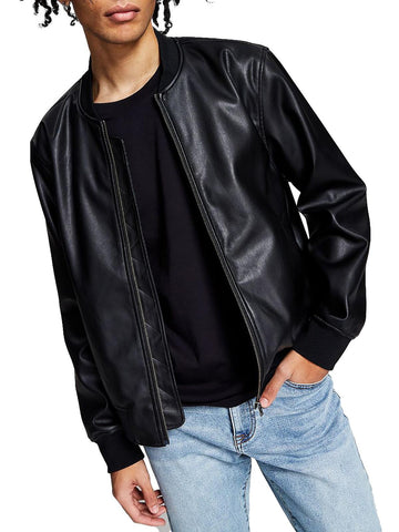 And Now This Mens Faux Leather Short Bomber Jacket Black Size L