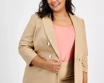 Bar III Women's Linen-Blend Open-Front Blazer Beige Plus Size 1X MSRP $129