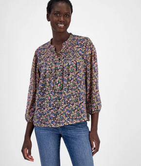 Nautica Jeans Women's Floral-Print Lace-Up Pleated Top Blue Size S MSRP $70