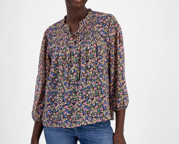 Nautica Jeans Women's Floral-Print Lace-Up Pleated Top Blue Size S MSRP $70