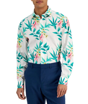 Bar III Dress Shirt Men Size L 16/16.5 White Green Floral Slim Fit Cotton $65