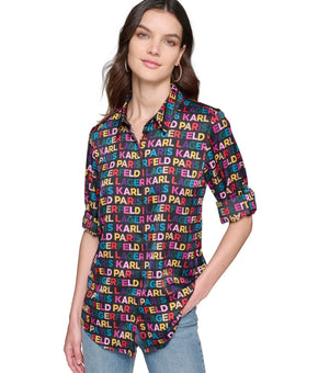 KARL LAGERFELD PARIS Printed Utility Button-Front Top Black Size S MSRP $79