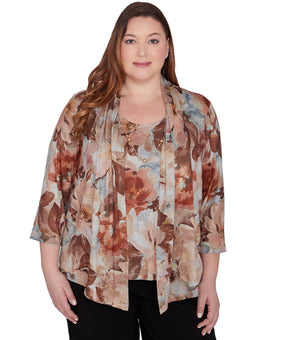 Alfred Dunner Womens Plus-Size Watercolor Floral Size 2X Brown Necklace Included