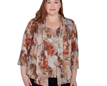 Alfred Dunner Womens Plus-Size Watercolor Floral Size 2X Brown Necklace Included