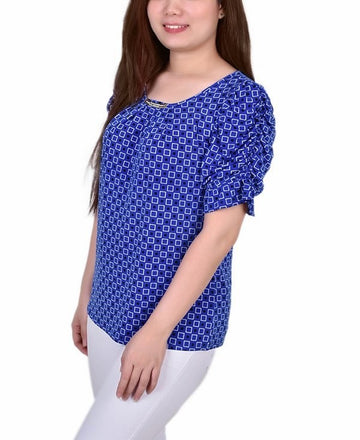 NY Collection Petite Elbow Cuffed Sleeve Hardware Top Blue Size PS MSRP $42