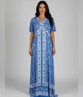 MSK Printed Short-Sleeve Maxi Dress Women's Size XL Palace Blue V-Neck $99