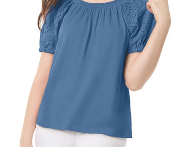 Jones New York Petite Embroidered-Sleeve Smocked-Neck Top Blue Size PS MSRP $70