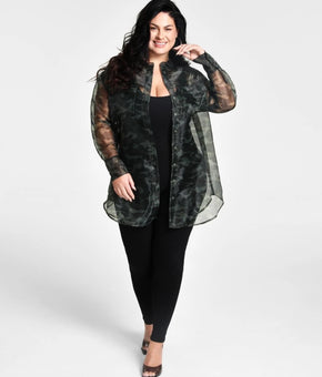 Nina Parker Button Up Shirt Womens Plus Size 1X Green Camouflage Sheer Tunic $84