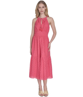 Vince Camuto Women's Cotton Sleeveless Eyelet Midi Dress Pink Size 14 MSRP $158