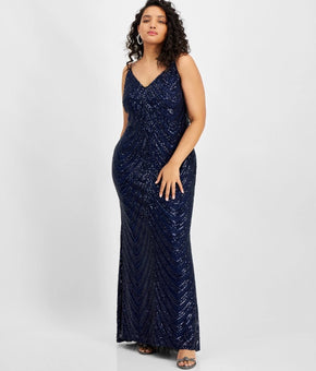B Darlin Trendy Plus Size 24W Sequined V-Neck Sleeveless Gown Blue MSRP $149