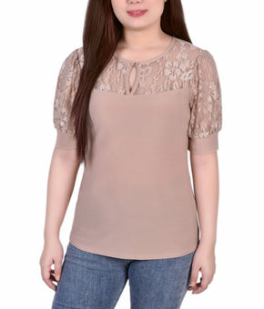 NY Collection Petite Puff Sleeve Lace Top Beige Size PXL