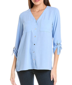 Jones New York womens Roll-Up Tab Tunic, Size L, Blue MSRP $80