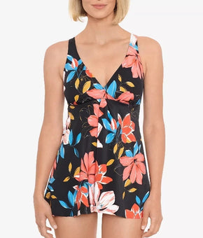 Swim Solutions Womens Tummy-Control Swimdress Black/Floral Size 18 MSRP $109