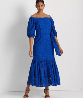 Lauren Ralph Lauren Women Eyelet Cotton Off the Shoulder Dress Blue Size 14 $265