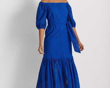 Lauren Ralph Lauren Women Eyelet Cotton Off the Shoulder Dress Blue Size 14 $265