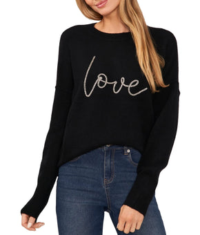 CeCe Women's Crewneck Beaded Love Long-Sleeve Sweater Black Size L MSRP $79