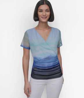 DKNY Women's Printed Mesh Surplice polyester flattering Top Blue Size S $79 SALE