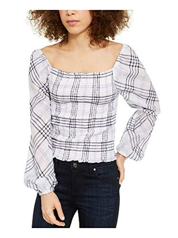 INC Womens Smocked Plaid Blouse Purple M