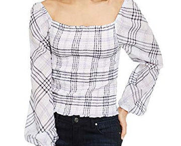 INC Womens Smocked Plaid Blouse Purple L