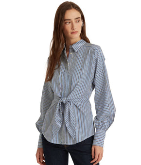 LAUREN RALPH LAUREN Womens Navy Striped Cuffed Sleeve Collared Butto Top Size M