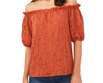 VINCE CAMUTO Women's Off-The-Shoulder Eyelet Top Brown Size XS MSRP $69