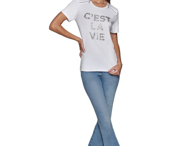 KARL LAGERFELD PARIS Women's Embellished Graphic T-Shirt White Size L MSRP $69