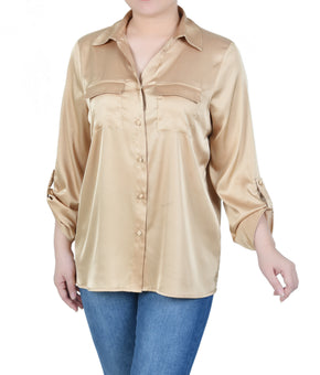 NY Collection Petite 3/4 Sleeve Roll Tab Satin Blouse Size PM Champagne Beige