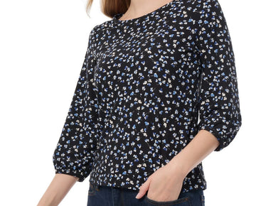 Jones New York Petite Printed 3/4-Sleeve Crewneck Top Black Size PS MSRP $60