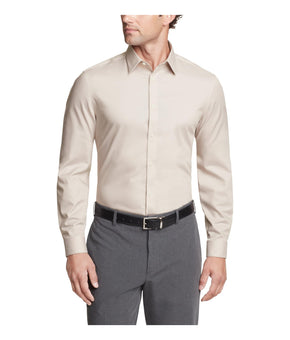Calvin Klein Men's Dress Shirt Regular Fit Herringbone Stretch Sand