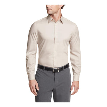 Calvin Klein Men's Dress Shirt Regular Fit Herringbone Stretch Sand
