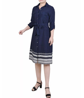 NY Collection Petite 3/4 Roll Tab Sleeve Belted Shirtdress Blue Size PXL