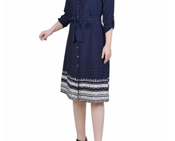 NY Collection Petite 3/4 Roll Tab Sleeve Belted Shirtdress Blue Size PXL