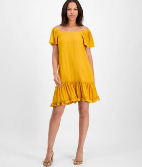 Robbie Bee On-Off Shoulder Flutter-Sleeve Mini Dress Mustard Yellow Size M $69