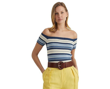 Lauren Ralph Lauren Womens Striped Off-The-Should Blue Size L MSRP $125