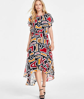 Karl Lagerfeld Paris Black Printed High/Low Flutter Sleeve Dress SZ 14 SALE $158