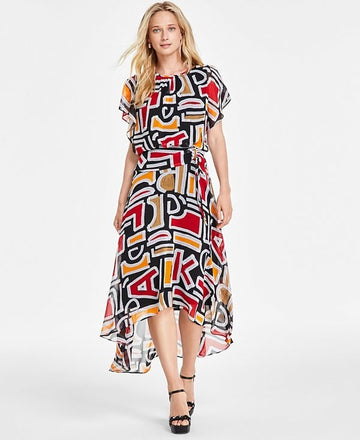 Karl Lagerfeld Paris Black Printed High/Low Flutter Sleeve Dress SZ 14 SALE $158