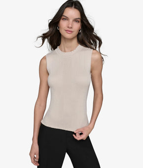 KARL LAGERFELD Women's Ruffled Collar Rib-Knit Sleeveless Top Beige Size M $69