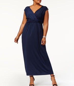 NY COLLECTION Womens Navy Ruched Sleeveless V Neck Maxi Empire Dress Plus 2X