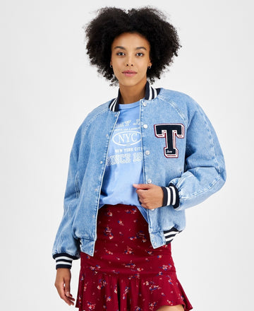 Tommy Jeans Women Denim Snap-Front Cotton Letterman Jacket BLUE Size S MSRP$239