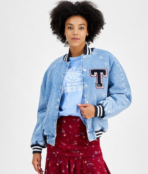 Tommy Jeans Women Denim Snap-Front Cotton Letterman Jacket BLUE Size M MSRP $239