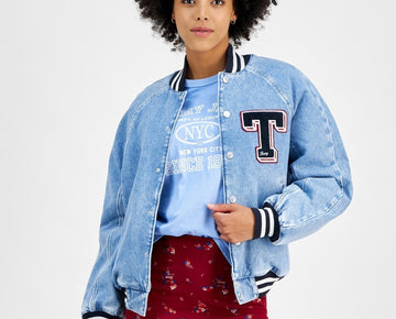 Tommy Jeans Women Denim Snap-Front Cotton Letterman Jacket BLUE Size M MSRP $239