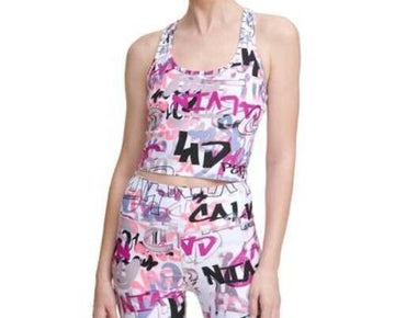 Calvin Klein Womens Printed Racerback Cropped Tank Top White Size XS MSRP $50