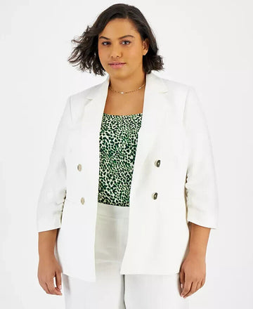 Bar III Women's Linen-Blend Open-Front Blazer WHITE Plus Size 3X MSRP $129