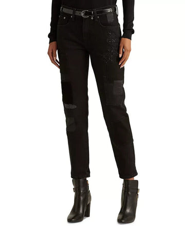 Ralph Lauren Womens Patchwork Relaxed Tapered Jeans Wash Black Size 10 MSRP $175