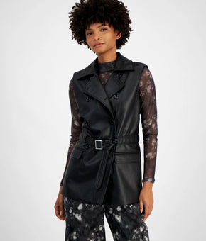 Bar III Petite Faux-Leather Notched Collar Belted Vest Black Size PS MSRP $80