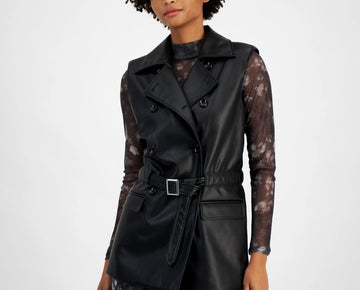 Bar III Petite Faux-Leather Notched Collar Belted Vest Black Size PS MSRP $80